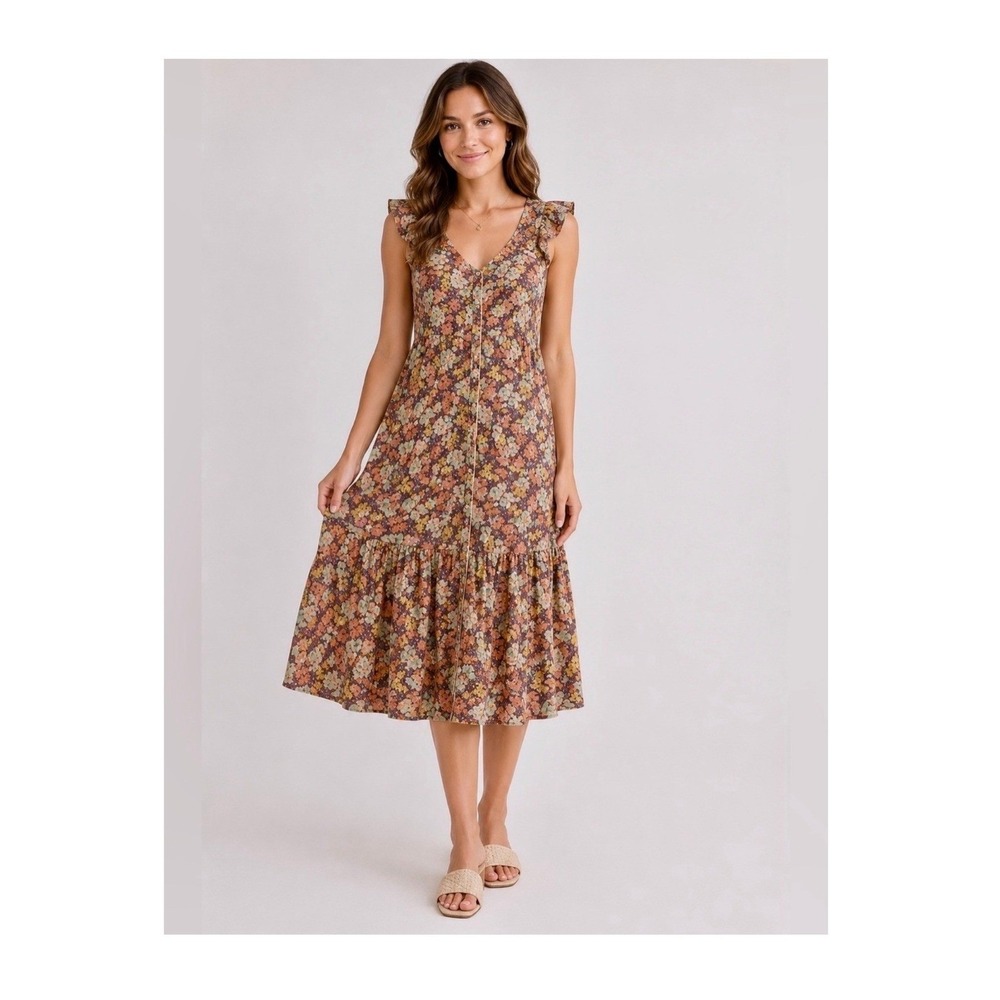 Veronica Beard Malgosia Floral Cotton Button-Front Ruffle Tiered Midi Size 4